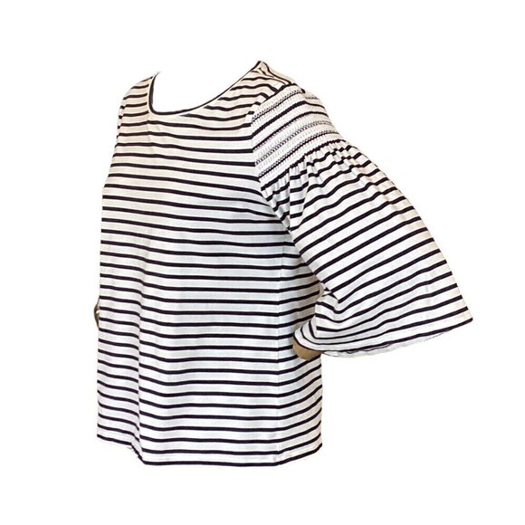 Chico's Breton Stripe Knit Top Sz 2 (L/12) Smock Shoulder Bell-Flare Sleeve 296H - Picture 6 of 12